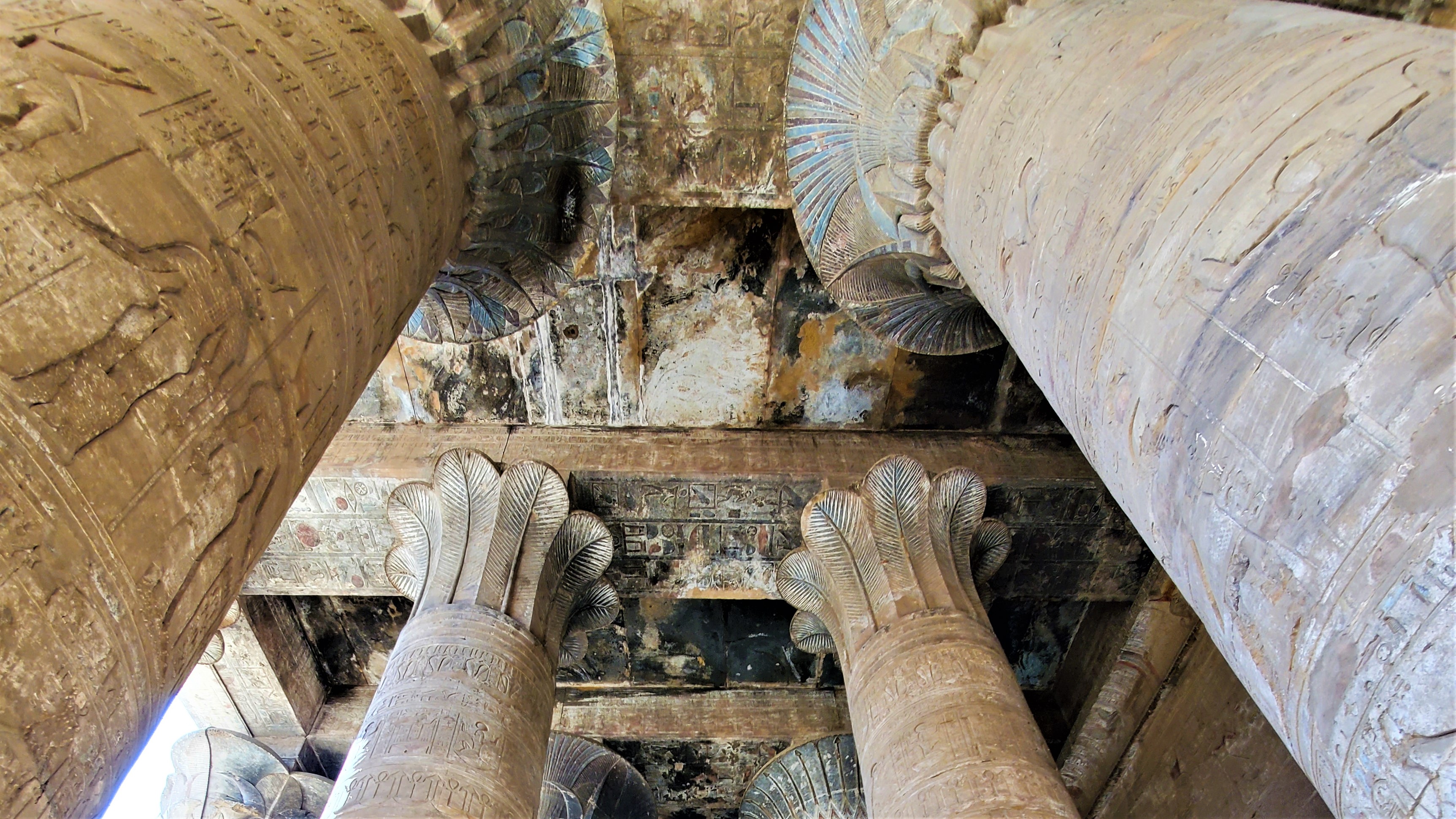 The colorful ceiling and columns at the Temple of Horus at Edfu, Egypt