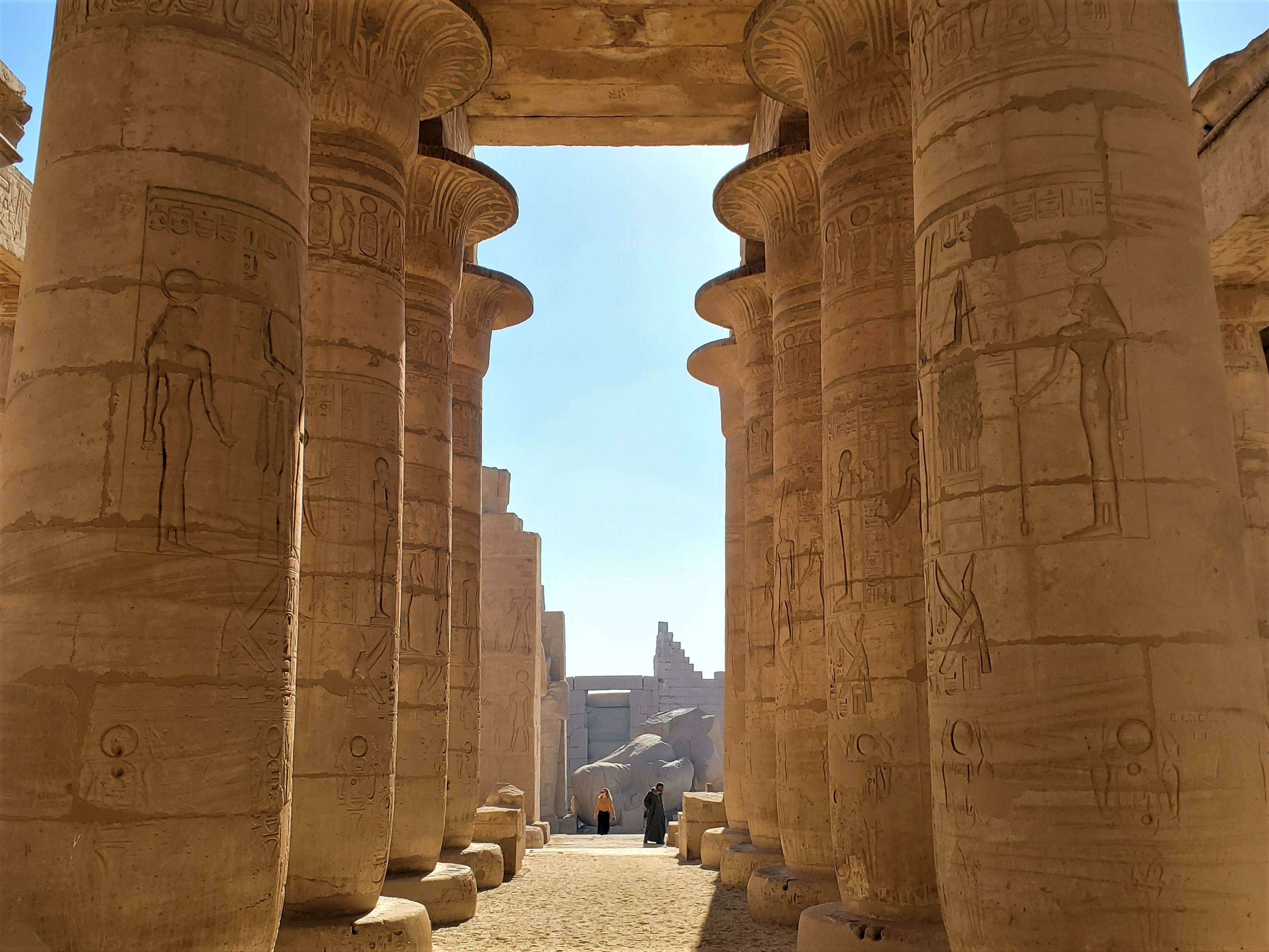 Looking out through the grand columns of the Rammesseum in Luxor