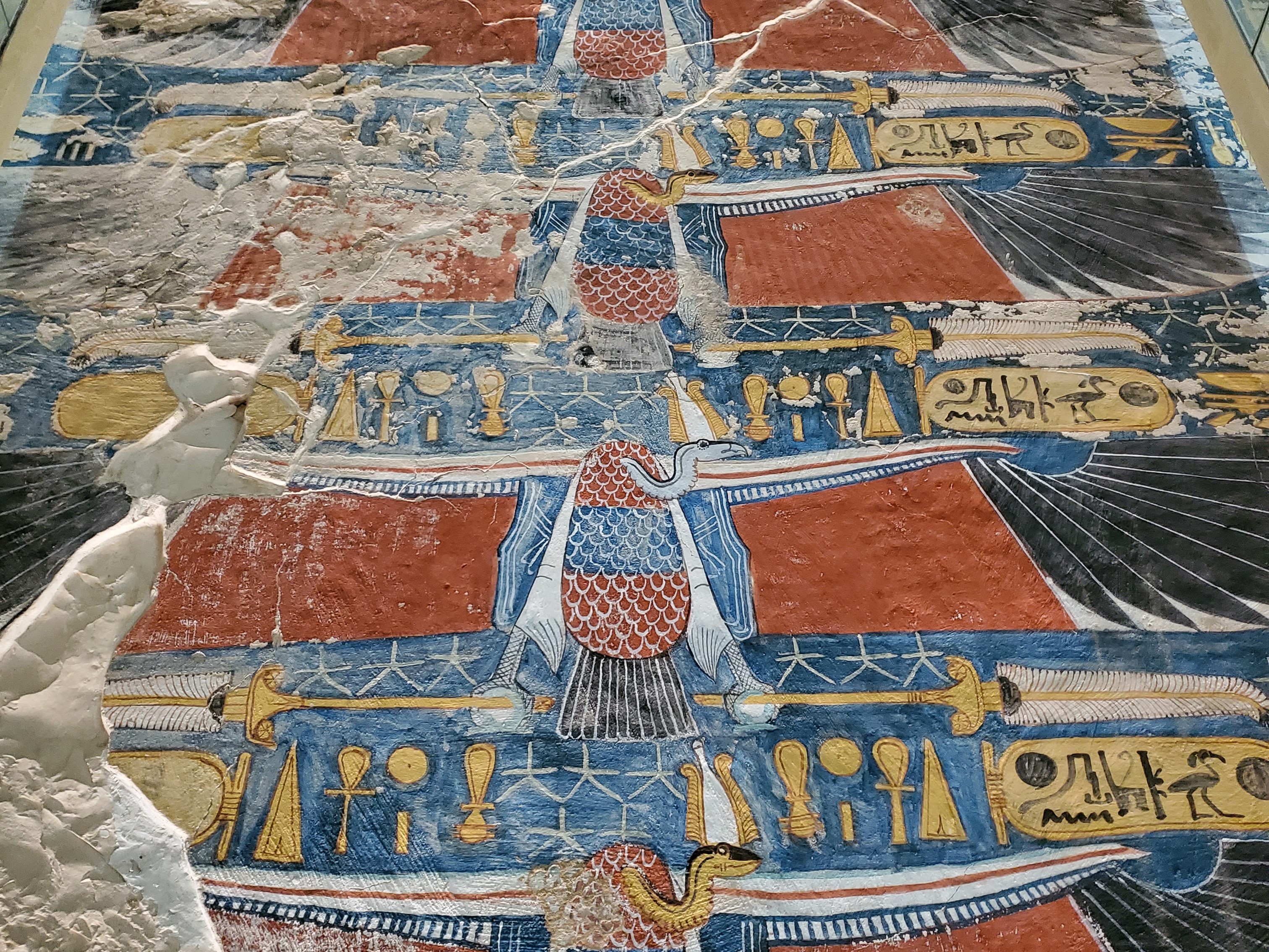 Valley of the Kings tomb ceiling depicting beautifully colorful vultures